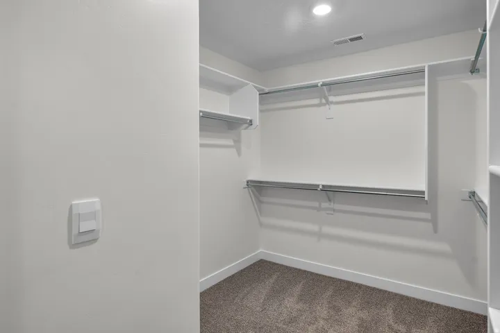 Walk-in closet featuring built-in shelving, chrome hanging rods, recessed lighting, and carpet flooring