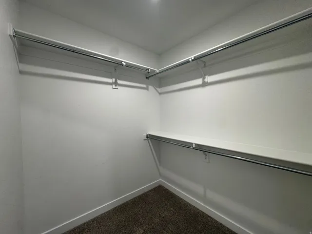 Walk-in closet featuring white walls, white shelving, metal hanging rods, and dark carpet flooring