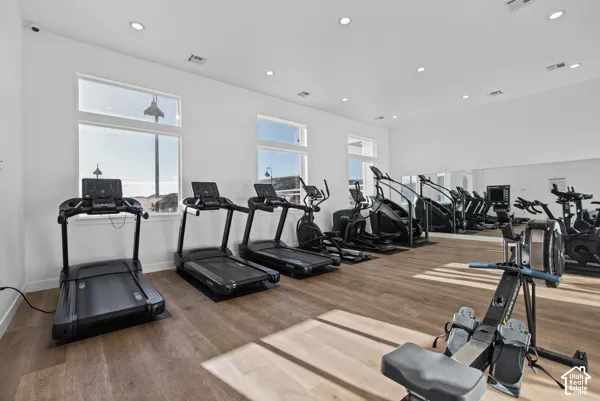 Dedicated fitness space featuring wood-finish flooring and multiple windows