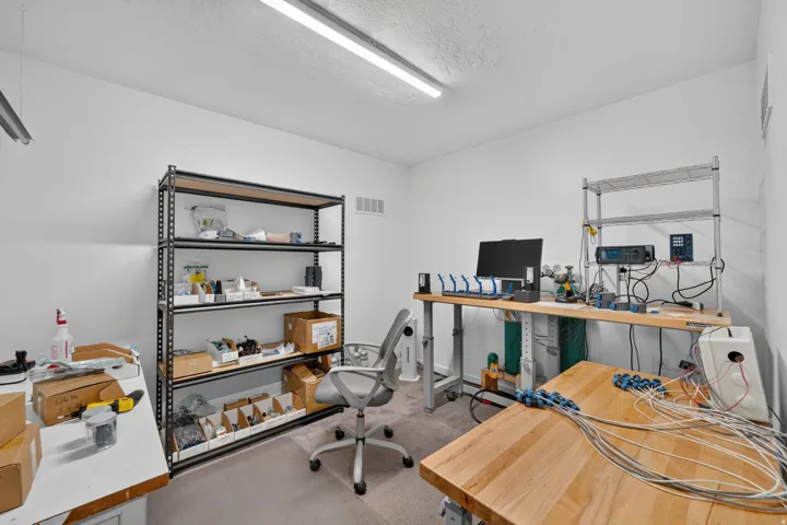 Versatile workspace featuring white walls, carpeted flooring, and linear ceiling lighting