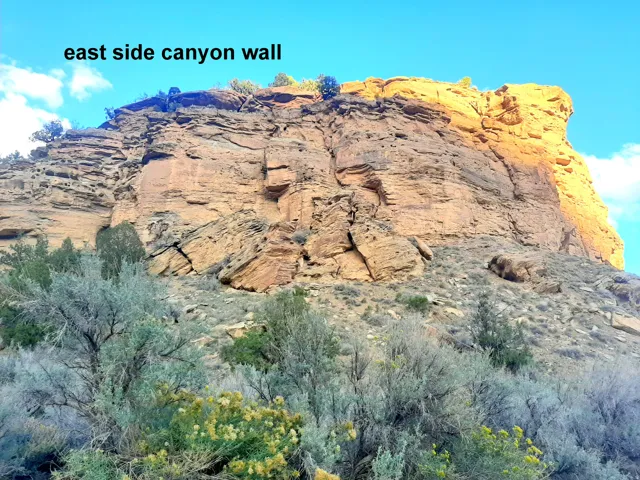 Dramatic canyon wall with natural rock formations.