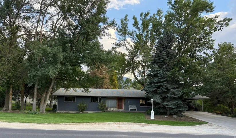 Single-story residence featuring a dark gray exterior, a manicured front lawn, a paved driveway, and mature trees providing extensive natural shade