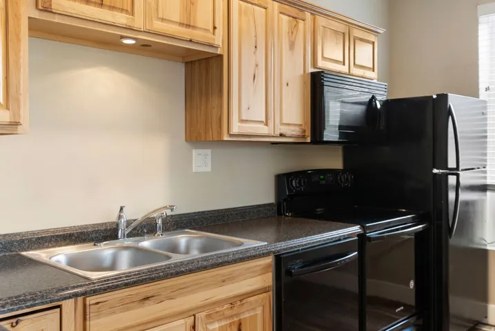 East unit. Kitchen featuring wood cabinetry, black appliances, a double basin stainless steel sink, and dark countertops