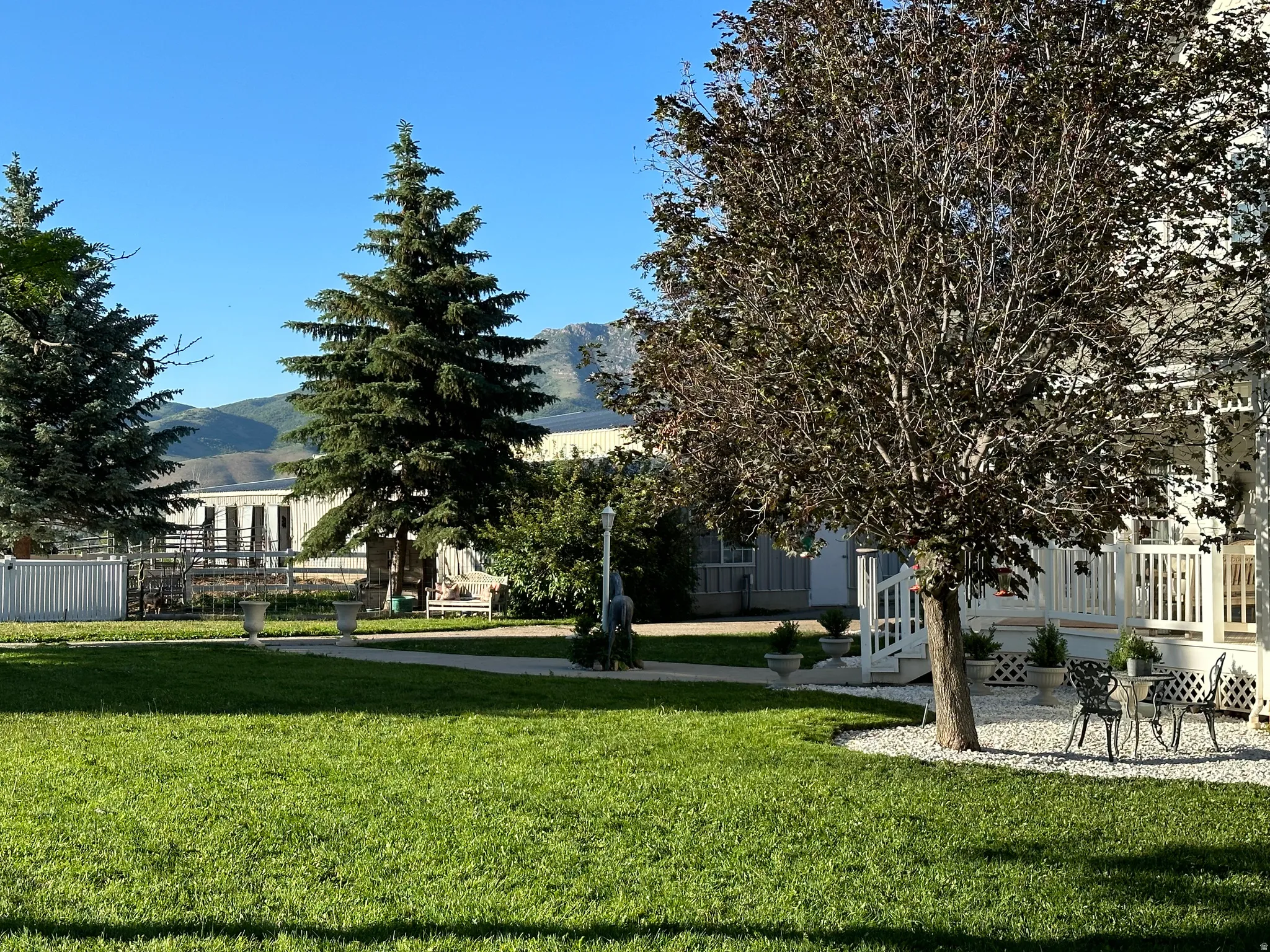Expansive lawn area with mature trees and a paved walkway