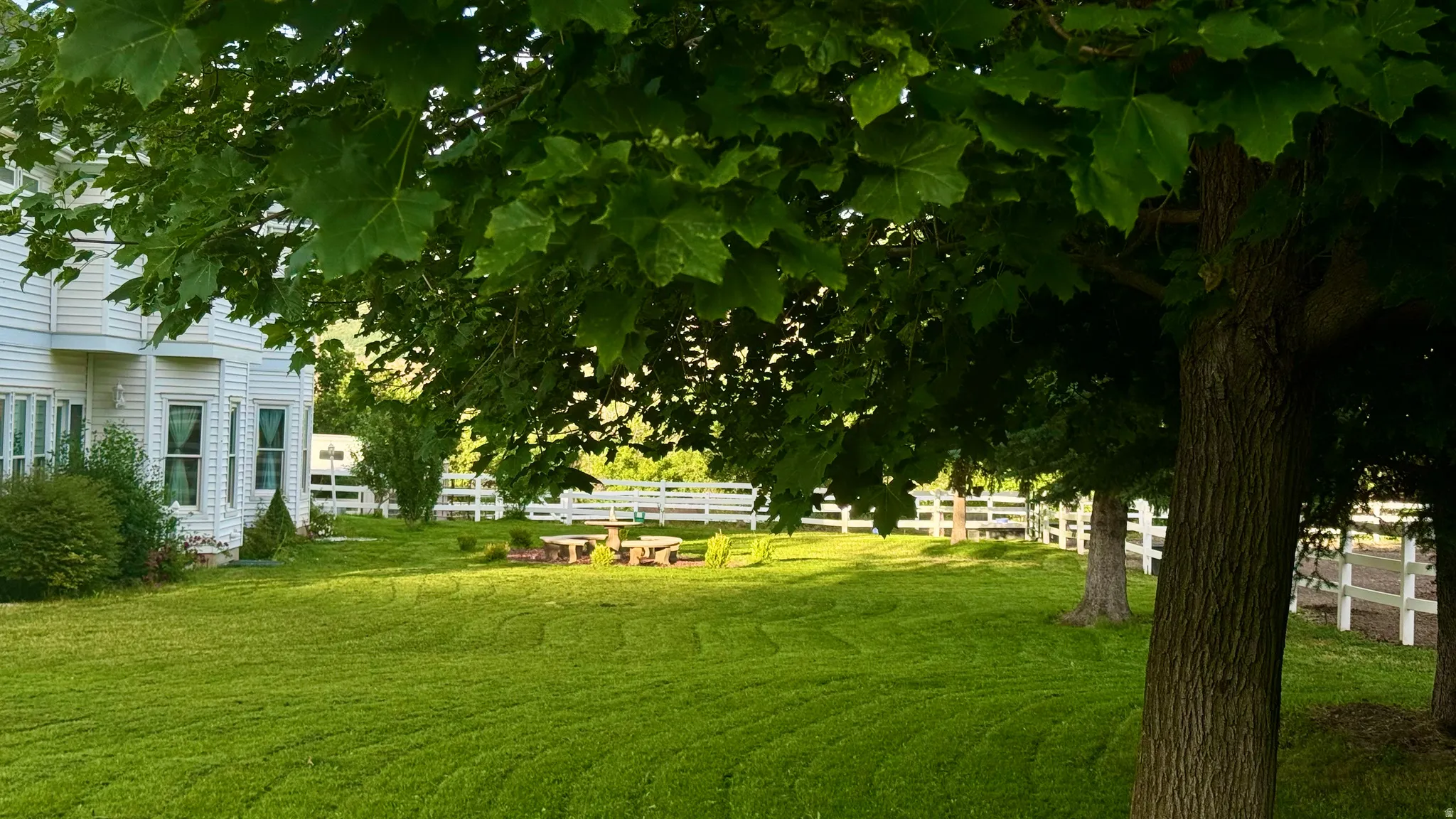 Expansive lawn area featuring mature trees and a white picket fence perimeter