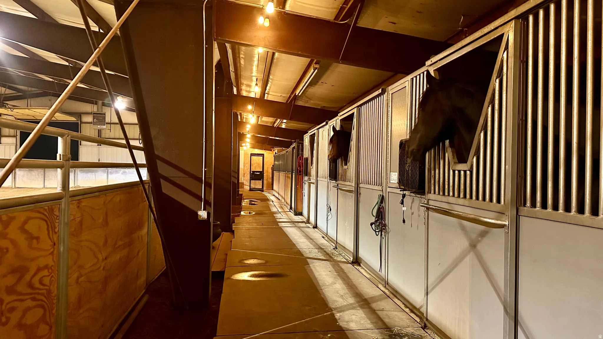 Interior barn aisle featuring multiple stalls with metal bars and lower panels