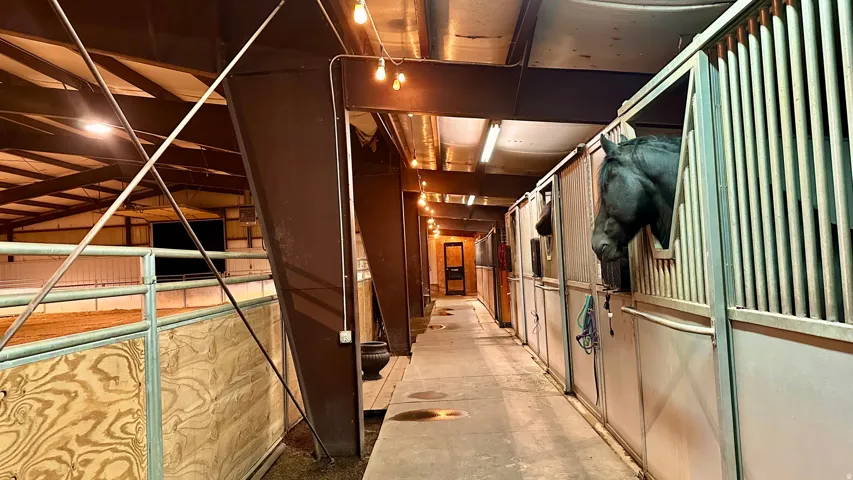 Spacious indoor riding arena with sand footing, multiple horse stalls with vertical metal bars, exposed structural beams, and overhead string lighting
