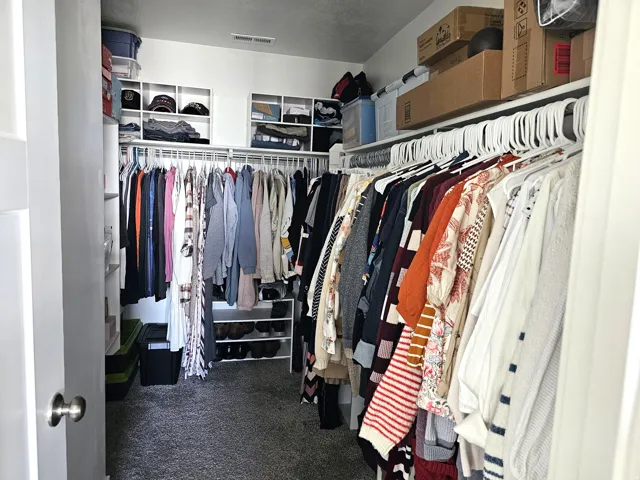 Walk-in closet featuring extensive hanging storage, overhead shelving, built-in cubbies, and gray textured carpeting