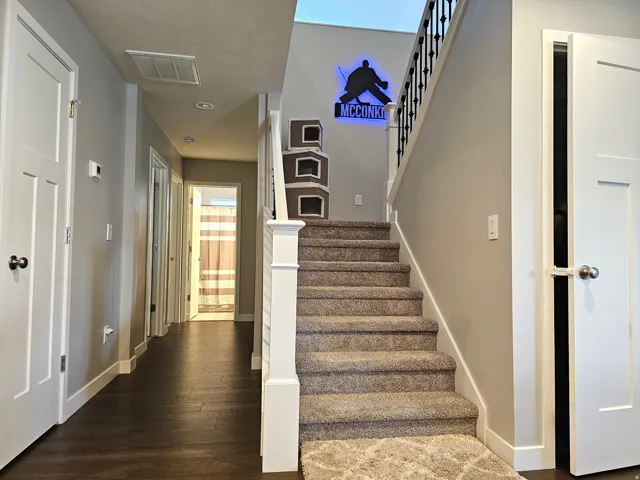 Carpeted staircase with white balusters and dark iron spindles