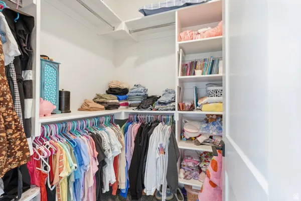 Walk-in closet featuring built-in shelving, white walls, and a carpeted floor