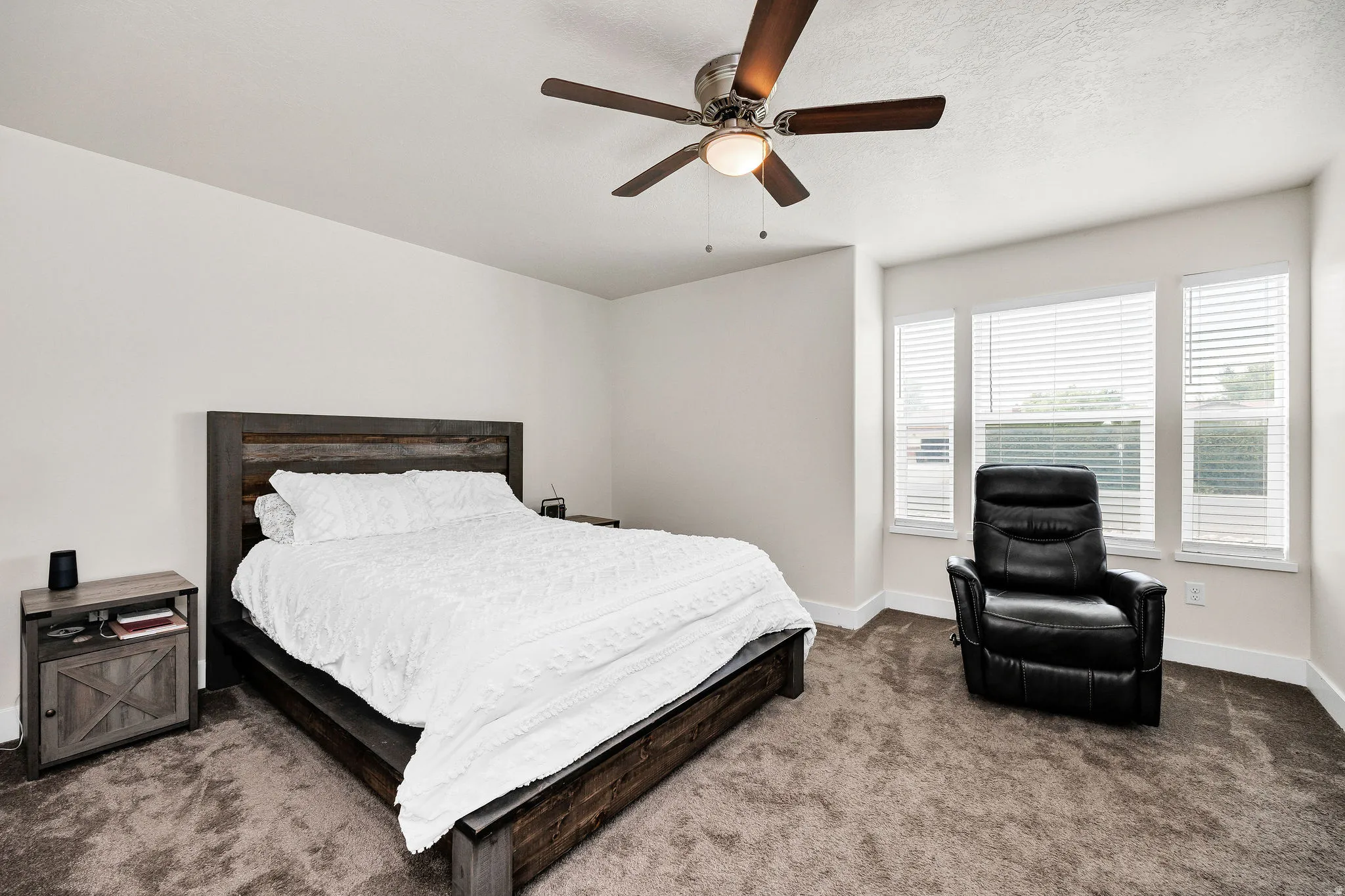 Room featuring light-colored walls and brown carpeting