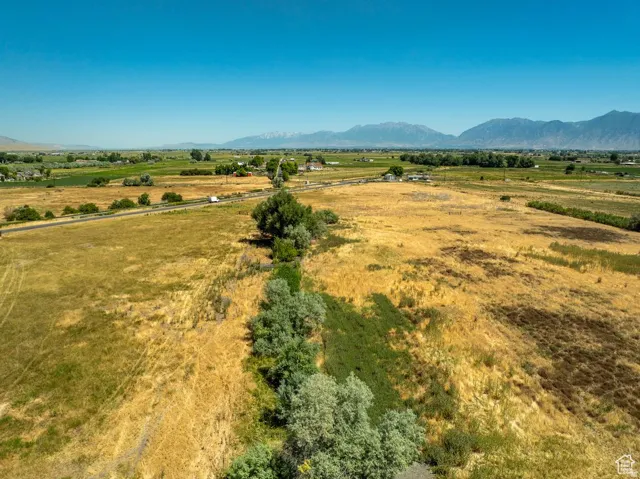 Expansive agricultural landscape featuring open fields, distant mountains, and established tree lines