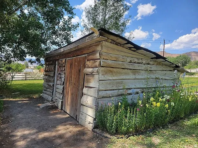 Rustic log cabin structure featuring a wood plank door and a sloped roof