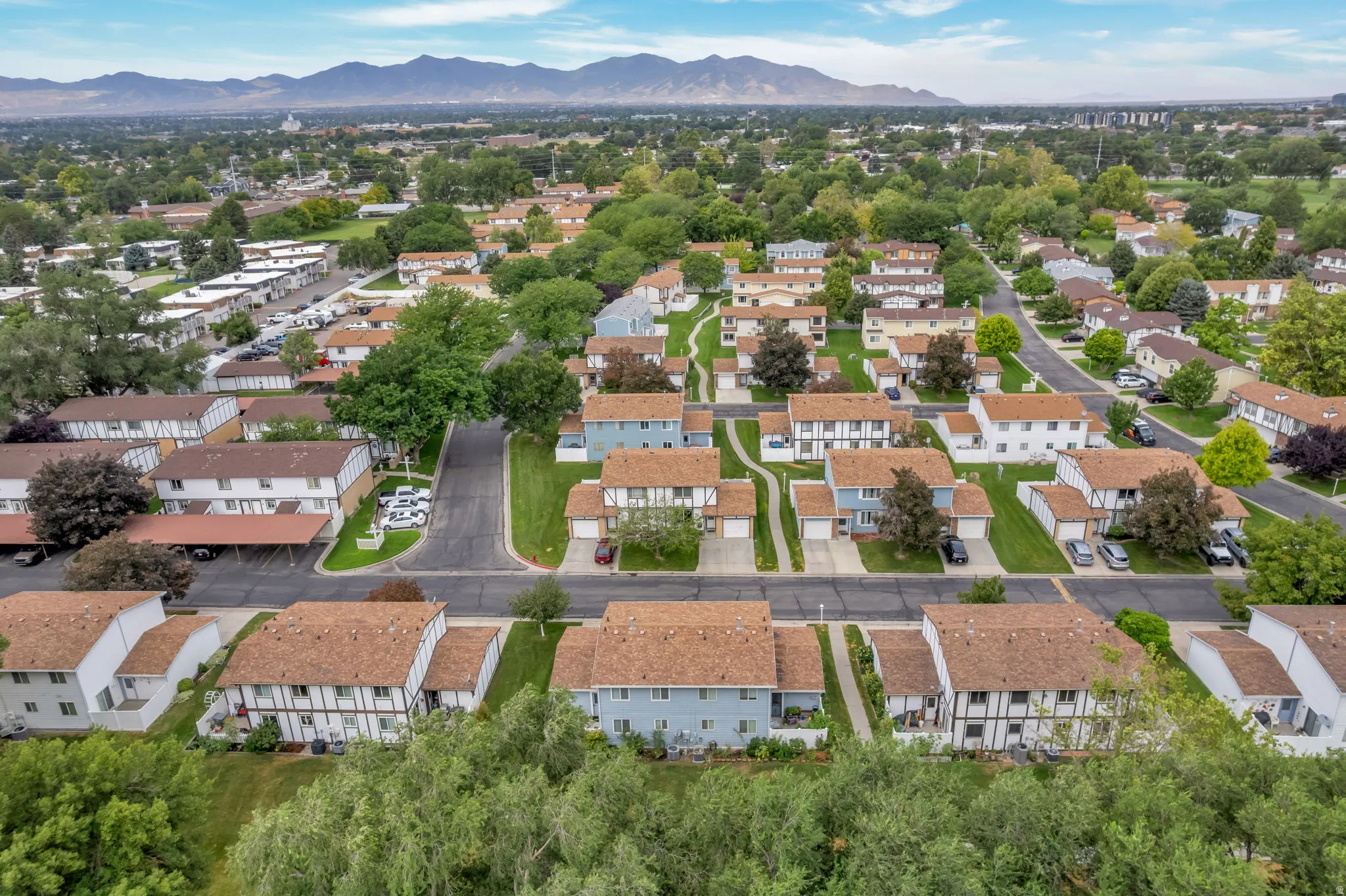 Aerial perspective showcasing a residential community with varied architectural styles