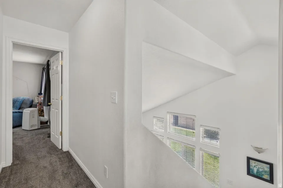 Upper level hallway with carpet flooring and white trim