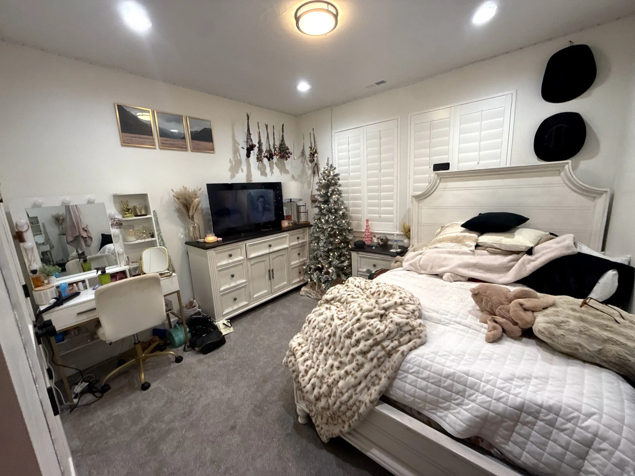 Plush gray carpet flooring paired with white walls, recessed lighting, and a central ceiling light fixture