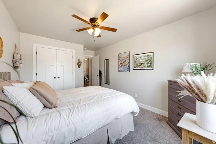 Carpeted room featuring a ceiling fan, light-toned walls, and white trim