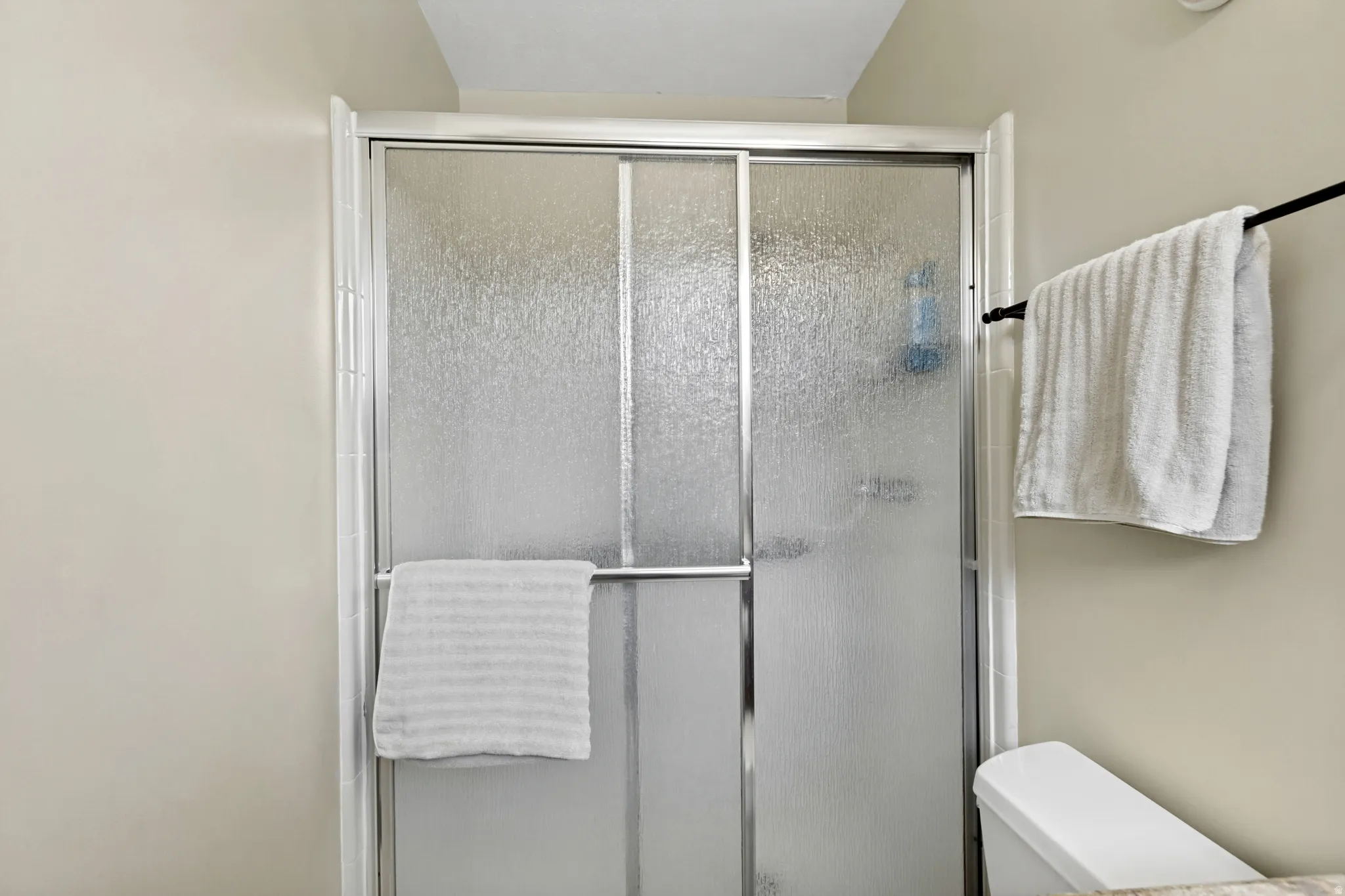 Frosted glass shower enclosure with chrome framing
