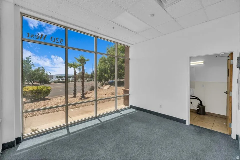 Floor-to-ceiling windows with commercial-grade framing, blue carpet flooring, white painted walls, and a dropped ceiling with recessed lighting