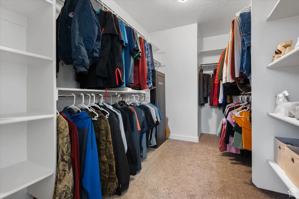 Expansive walk-in closet featuring white built-in shelving, multiple hanging rods, and carpeting