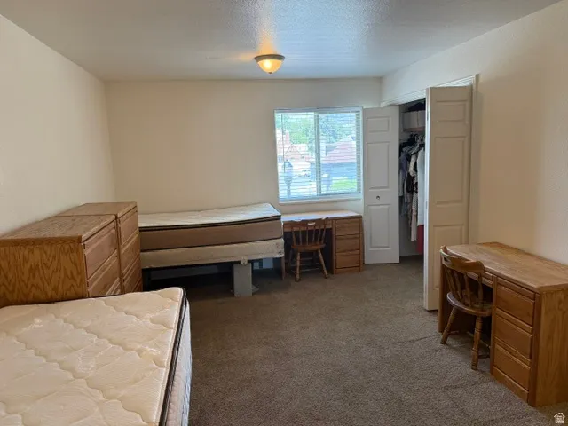 Carpeted room featuring a window with blinds, a bi-fold closet door, and a flush mount ceiling light fixture
