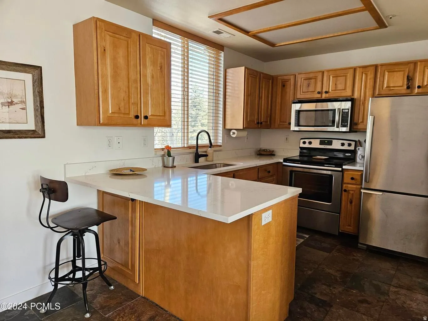 Kitchen featuring wood cabinetry, stainless steel appliances, white countertops, and dark-toned flooring