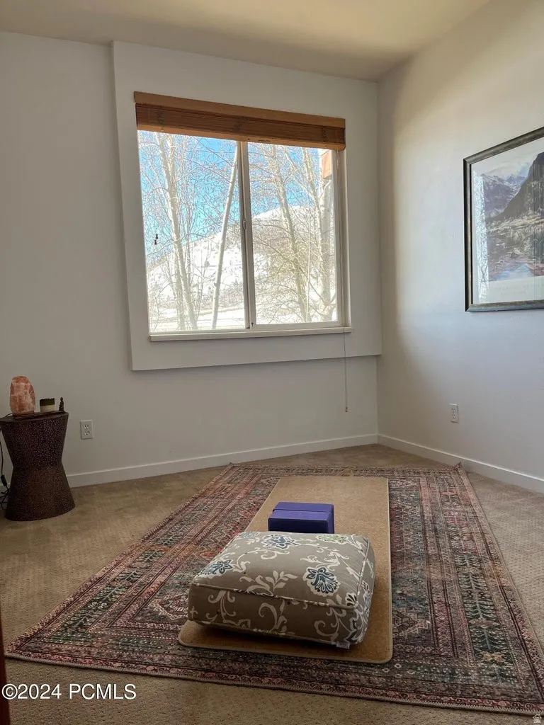 Room with a large window featuring wood blinds and a winter mountain backdrop