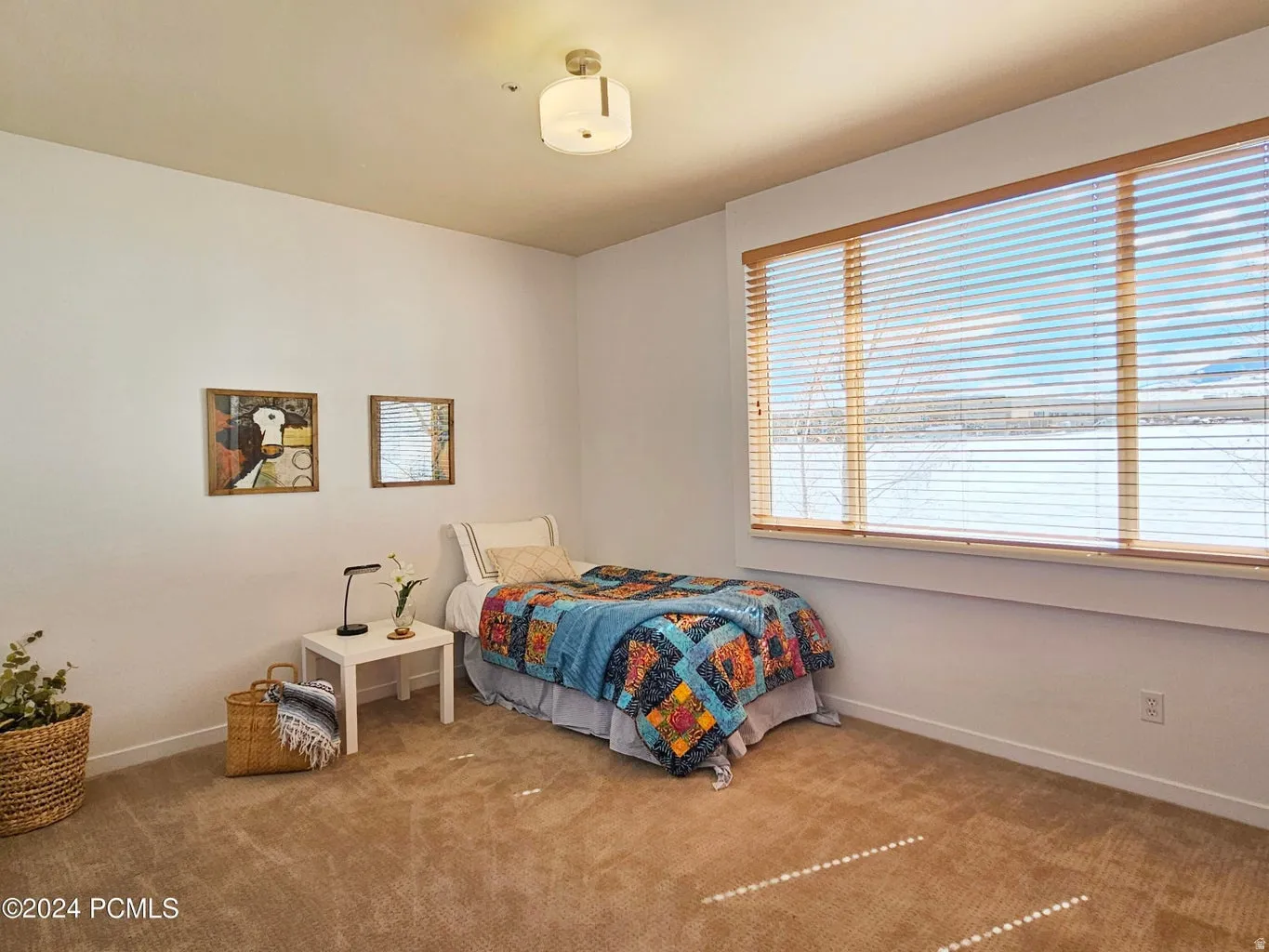 Carpeted room featuring a large window with horizontal blinds, a neutral wall color, and a ceiling-mounted light fixture