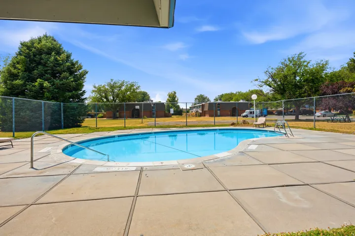 Freeform swimming pool with concrete decking, perimeter fencing, and mature landscaping