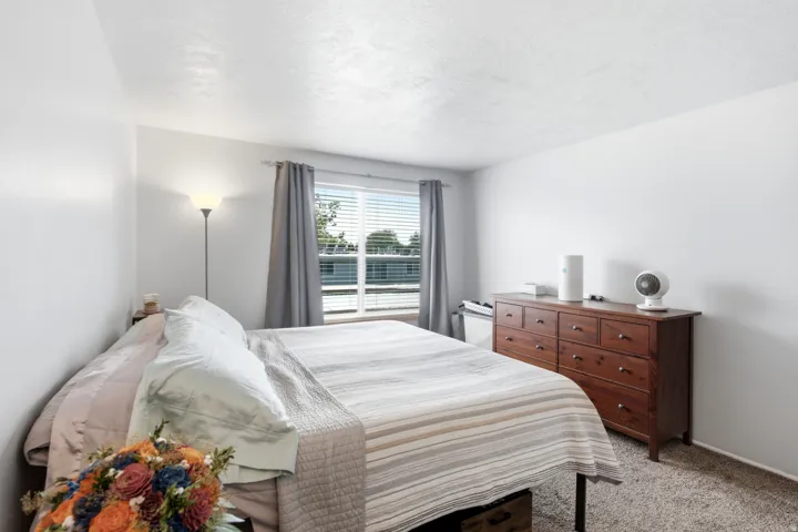 Bright interior space with light-colored walls and textured carpeting