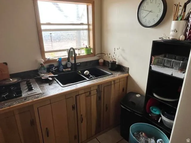 Kitchen area featuring a black double-basin sink with a matte black faucet, wood-finish cabinetry, and a built-in stovetop