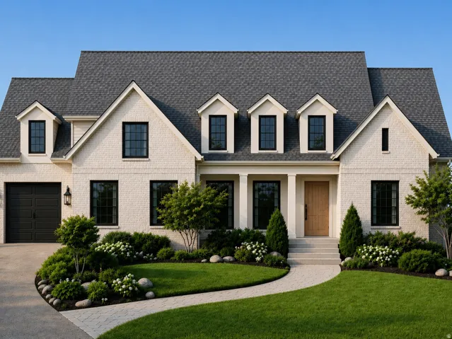 Cream brick exterior with dark shingle roof, black-framed windows, and a light wood-finish entry door