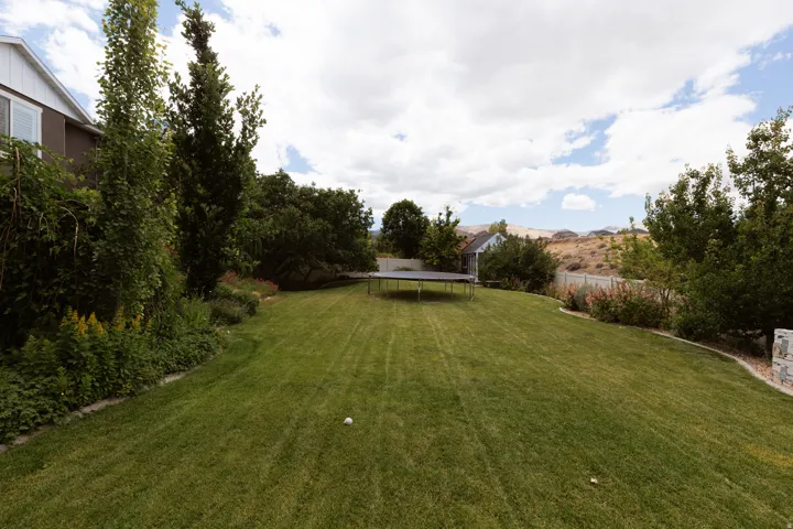 Expansive backyard featuring a manicured lawn, established landscaping, and mature trees