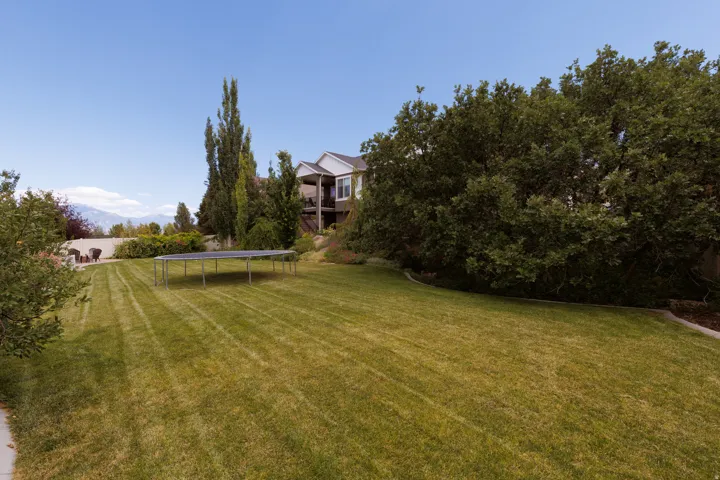 Expansive terraced backyard featuring a large green lawn, mature perimeter trees, and a concrete patio