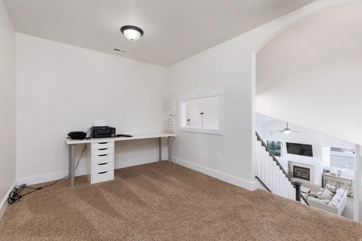 Carpeted flexible space featuring white walls and a ceiling-mounted light fixture