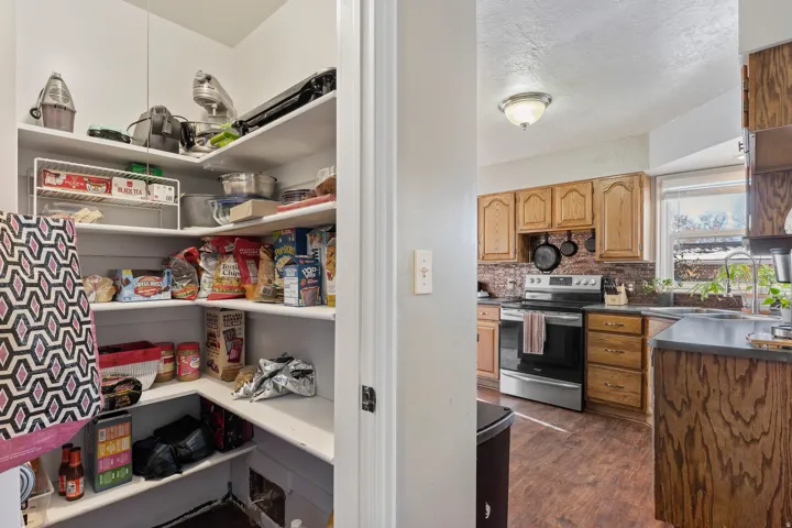 Kitchen pantry featuring wrap-around shelving