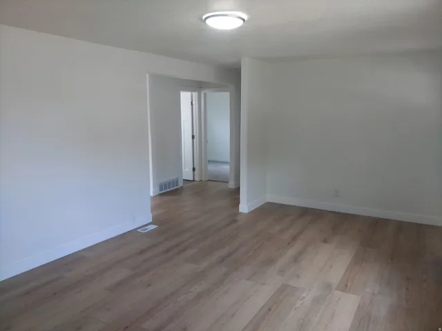 Bright interior space featuring wood-finish flooring, white baseboards, and a flush-mount ceiling light fixture