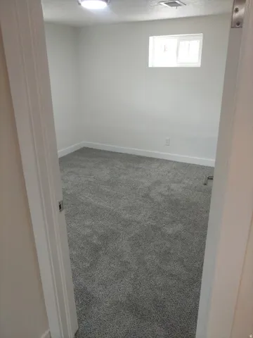 Carpeted room featuring a white interior, baseboards, a window, and a ceiling-mounted light fixture