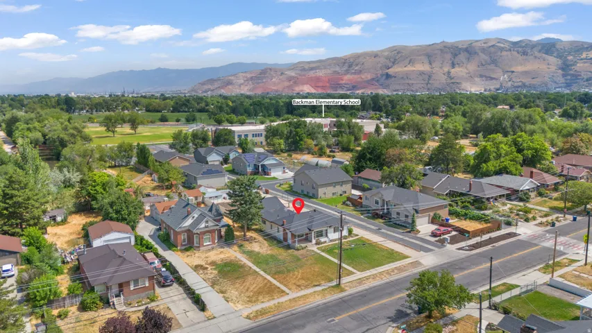Aerial perspective showcasing a residential area with varied home styles and mature trees