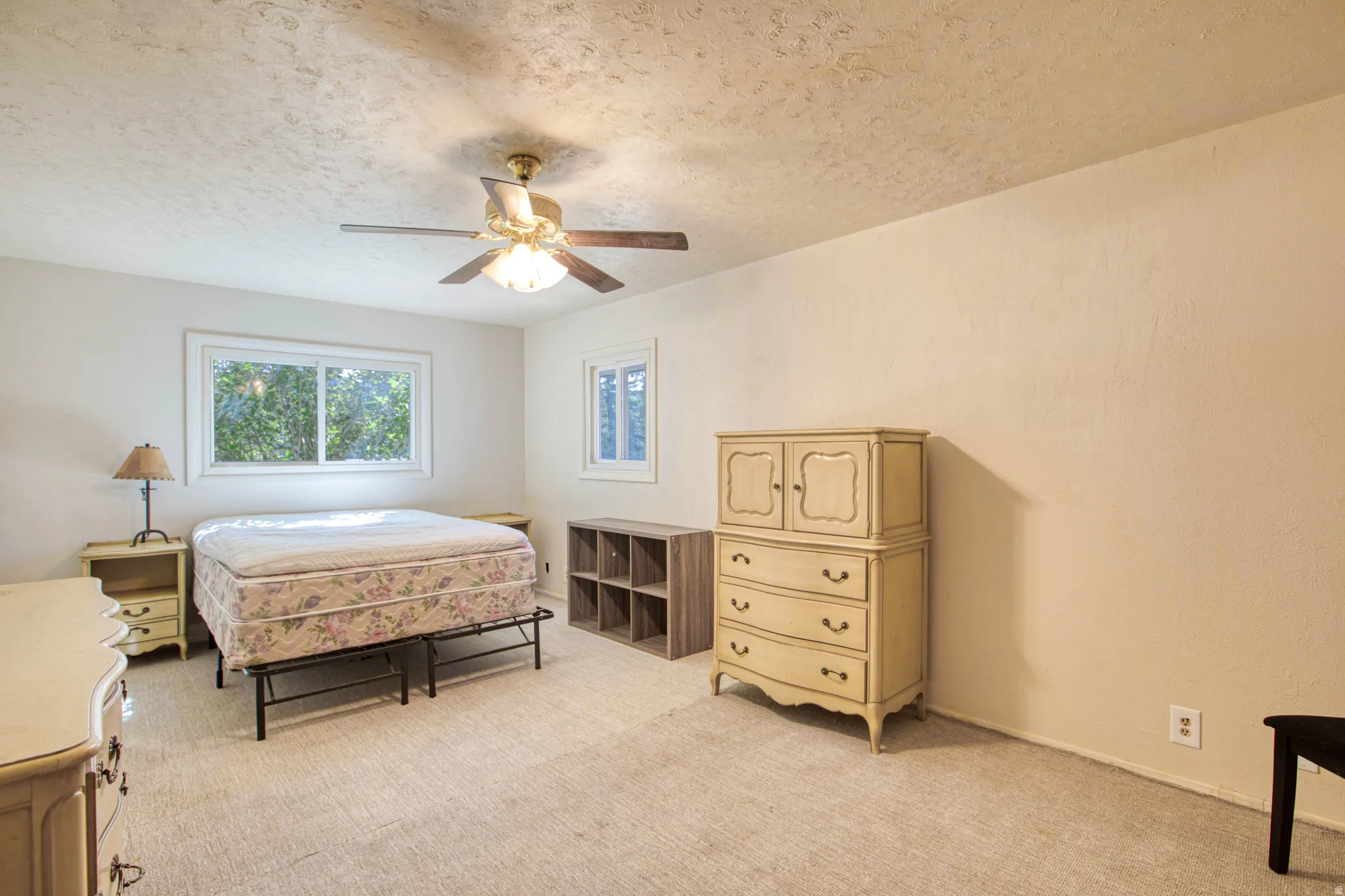 Carpeted room featuring a ceiling fan with light fixture, dual windows, and light-toned wall finishes