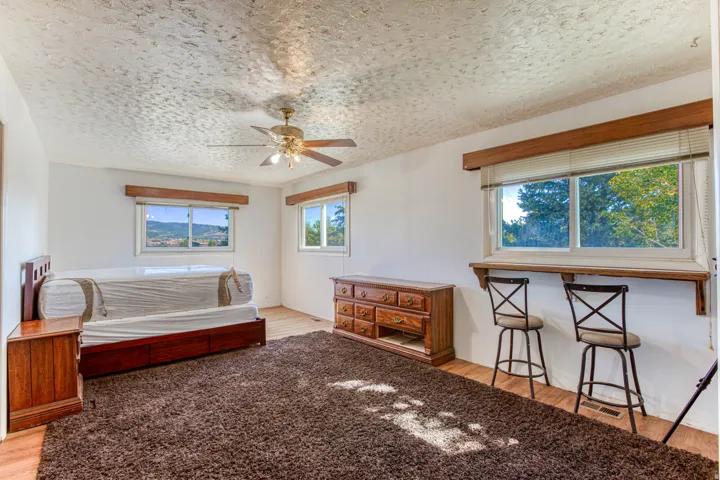 Spacious room featuring wood-finish flooring, a ceiling fan, and multiple windows with outdoor scenery
