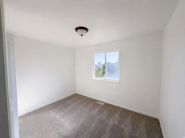 Neutral wall paint, plush carpet flooring, and a single window with white trim