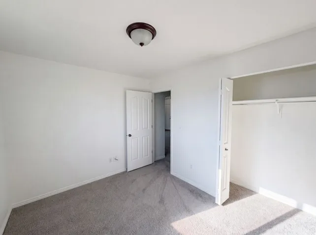 Neutral-toned room featuring light gray carpeting, white walls, and a ceiling-mounted flush light fixture