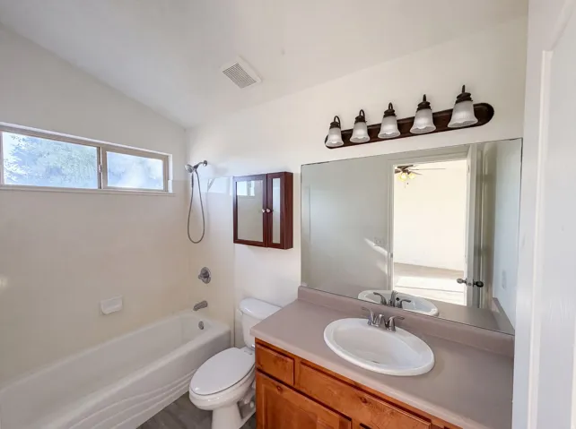 Bathroom featuring a single vanity with an integrated sink, wood-finish cabinetry, an overhead light fixture with five frosted glass shades, a wall-mounted mirror, and a bathtub with an overhead shower fixture