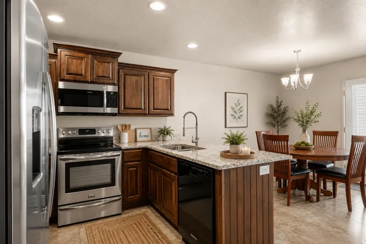 Kitchen featuring stainless steel appliances, dark wood cabinetry, light-toned countertops, a kitchen island with integrated sink, and an adjacent dining area with chandelier