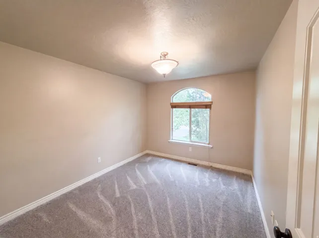 Carpeted room featuring a large arched window with horizontal blinds, neutral wall paint, white baseboards, and a semi-flush ceiling light fixture
