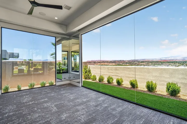 Expansive glass panels with black framing