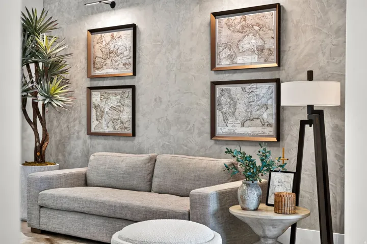 Textured wall finish with recessed lighting