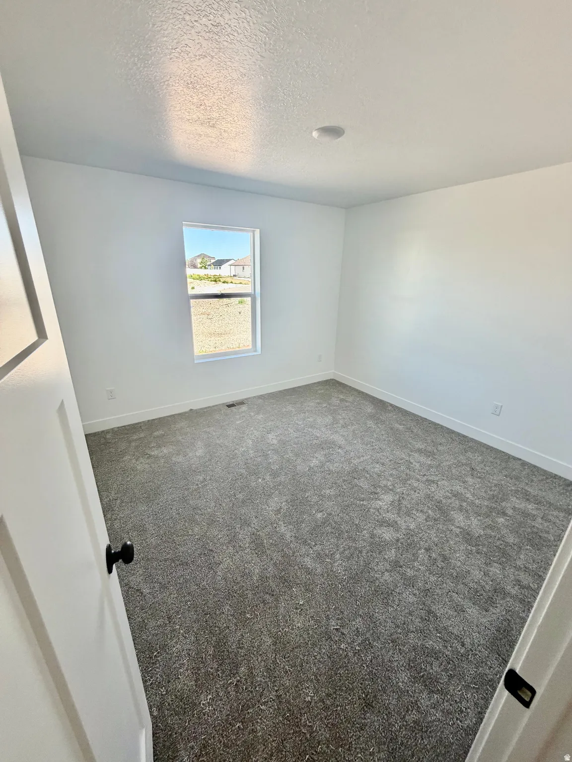 Room featuring neutral carpeting, white walls, white trim, and a single window