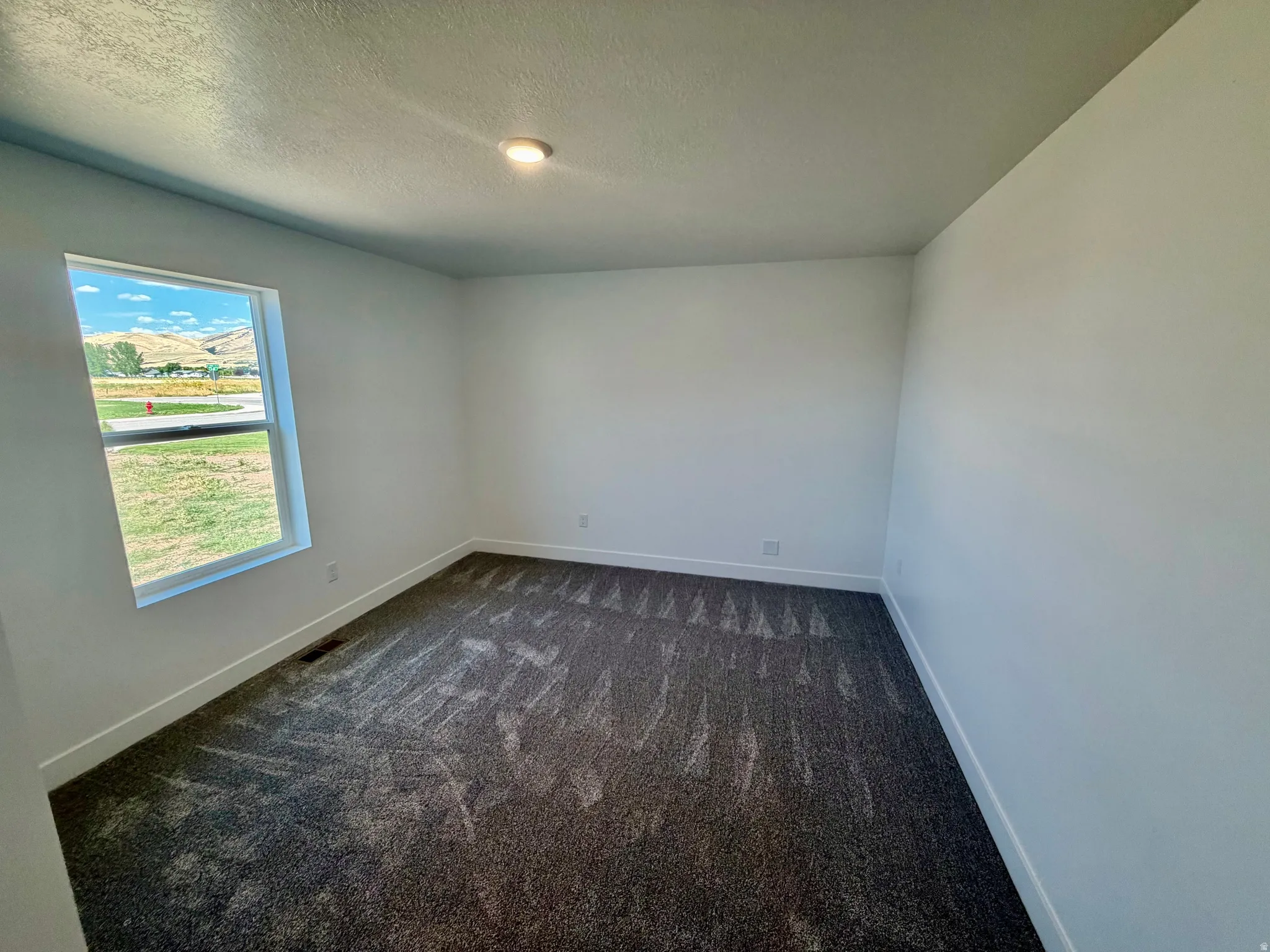 Room featuring neutral white walls, textured gray carpet, and a recessed ceiling light